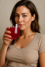 Woman drinking REYA Skin Essentials — a daily inner skincare supplement with ceramides, VERISOL collagen, and hyaluronic acid