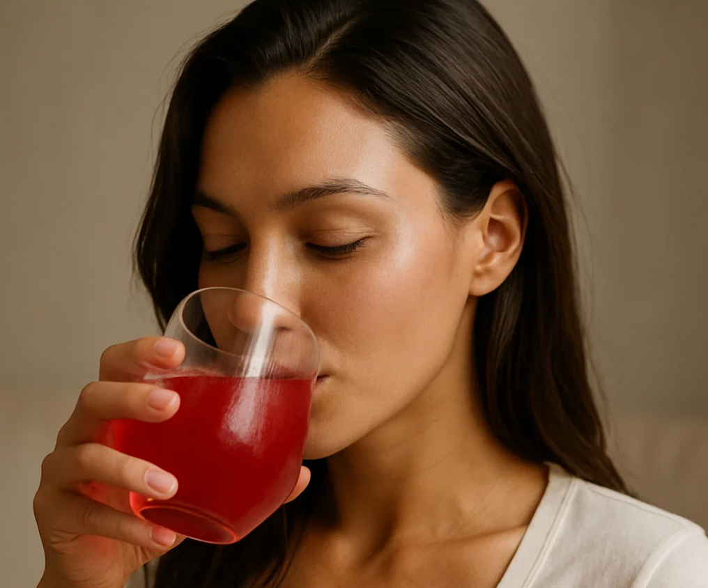 Woman drinking REYA Skin Essentials — daily inner skincare supplement with ceramides, collagen, hyaluronic acid, tremella, vitamin C