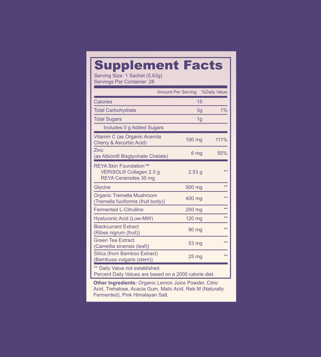 REYA Skin Essentials supplement facts panel — collagen ceramides hyaluronic acid tremella vitamin c drink powder